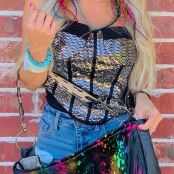 Boutique Selena Inspired Rhinestone Bustier Sparkle Party Corset Top Black S NEW - Picture 1 of 3